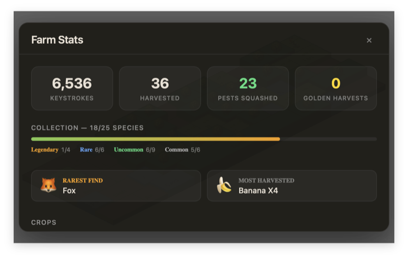 Farm stats panel showing collection progress